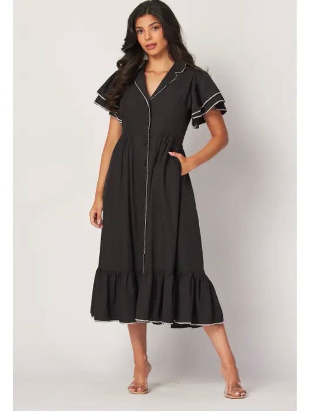 For Cynthia Black Midi Dress with White Trimmed Edging